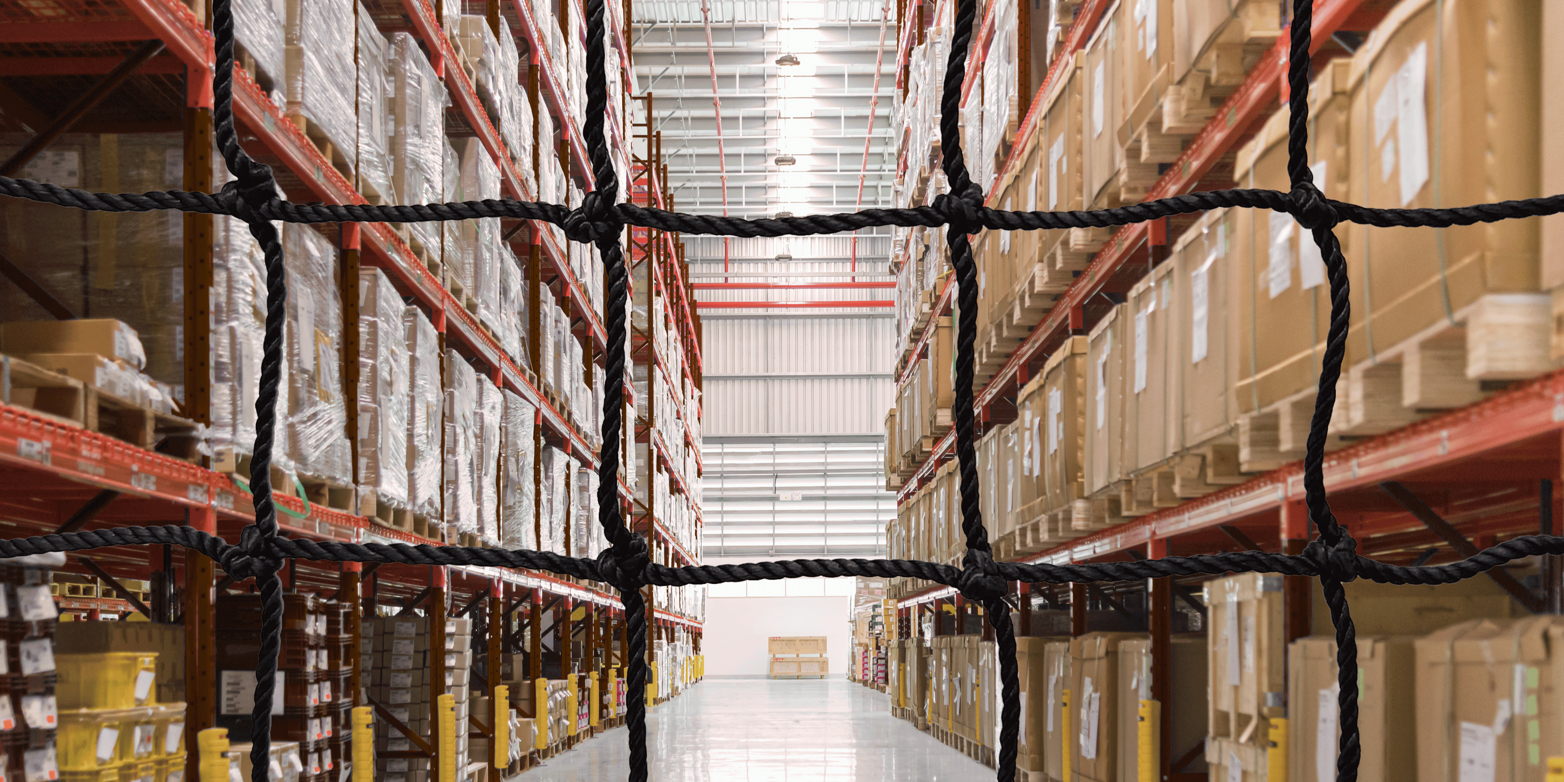 Warehouse isle with netting in front of inventory on the shelves