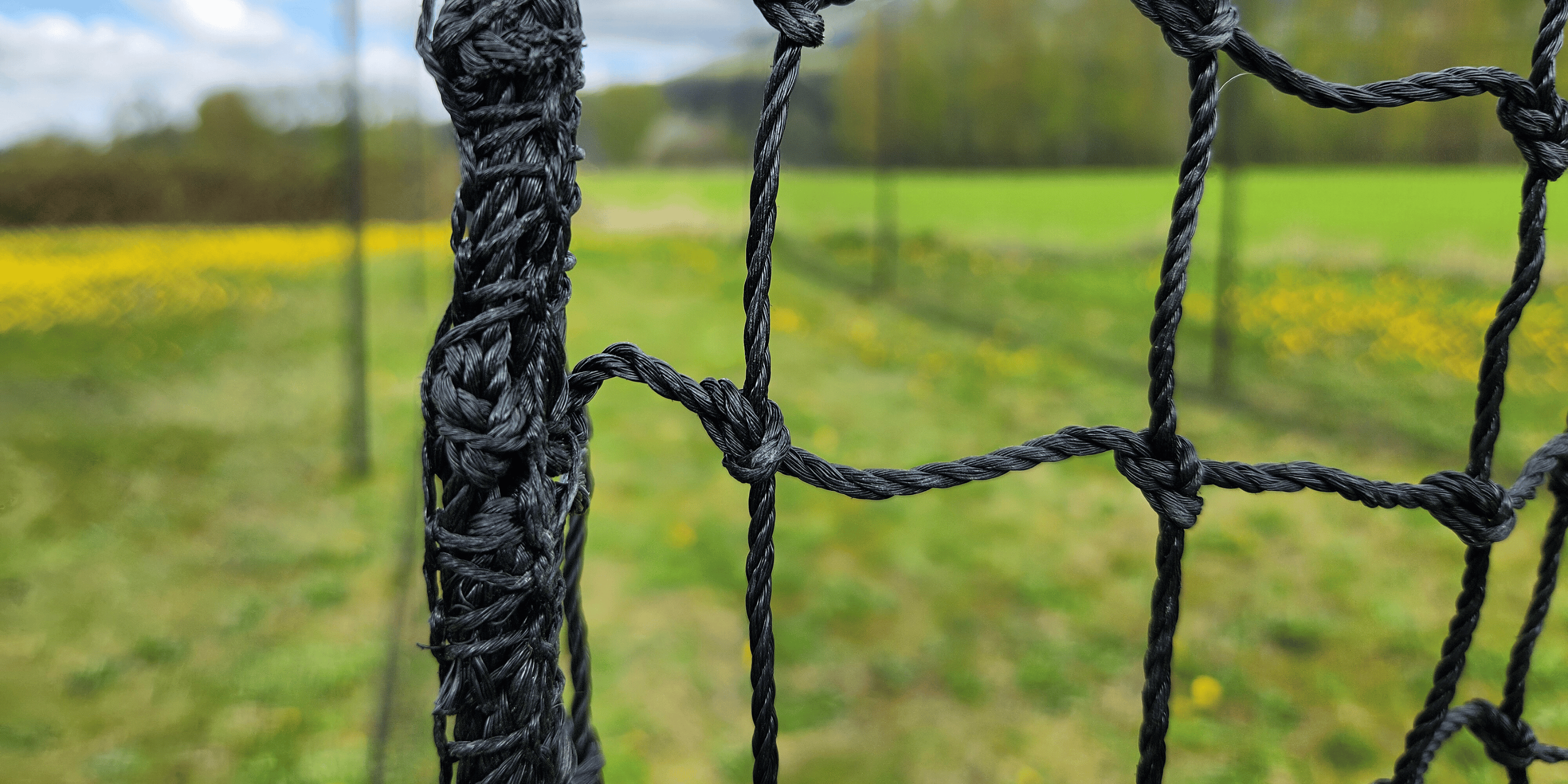 Batting Cage netting rope border close up with green grass behind.
